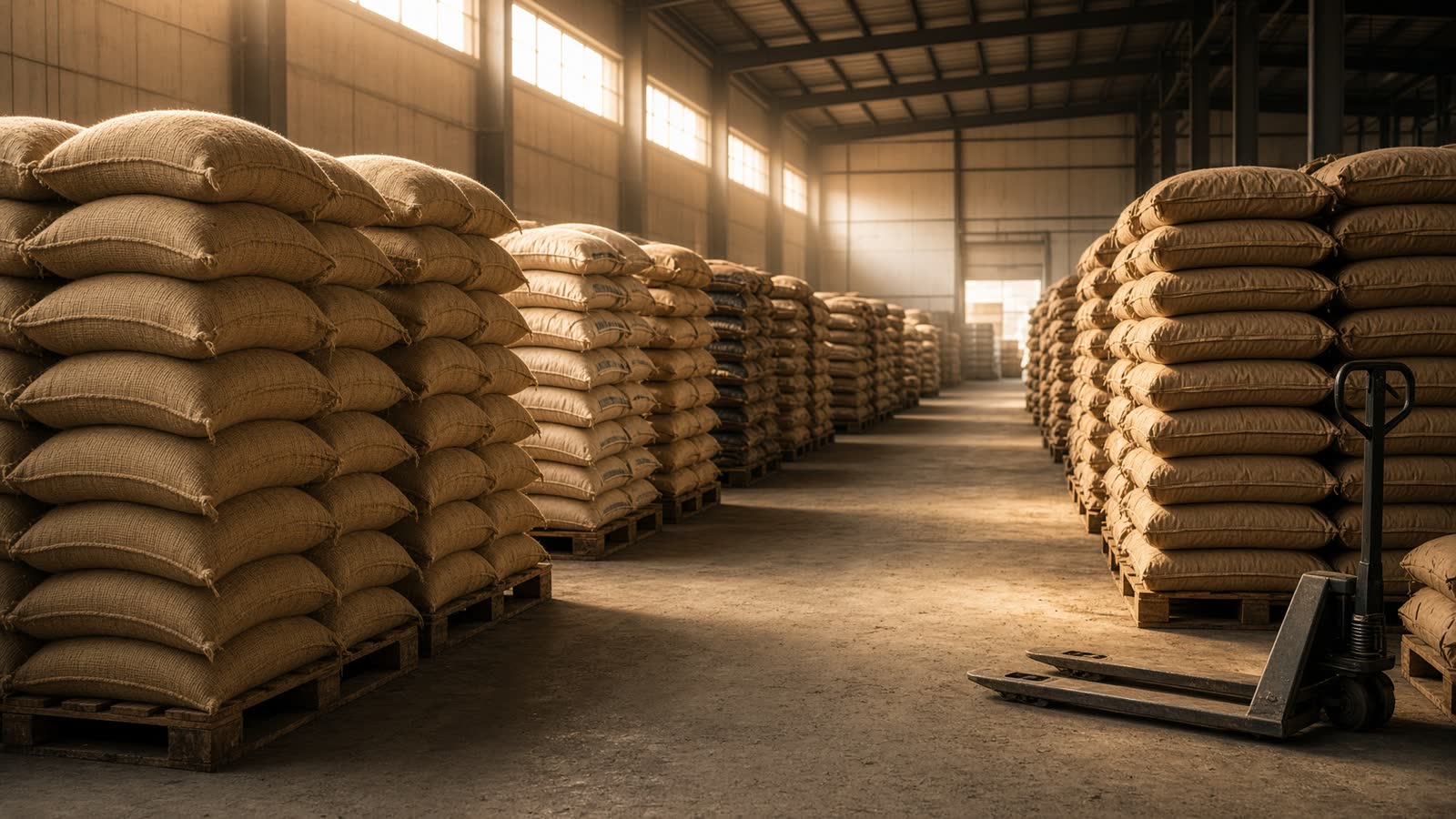 Pasillo de sacos de grano en el CEDIS del Valle, con luz de mañana.