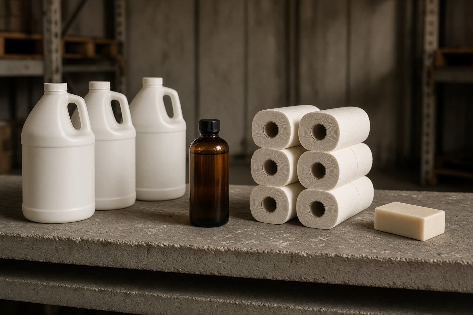 Garrafas, papel y jabón en un estante de bodega.