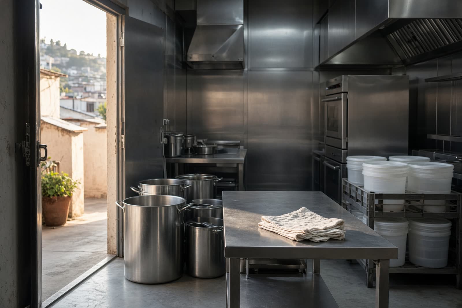 Cocina de hotel al amanecer con ollas y cubetas.